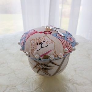 Corgis Dogs Pincushion In Vintage Ceramic Rice Bowl Handmade NWOT Mom Gift